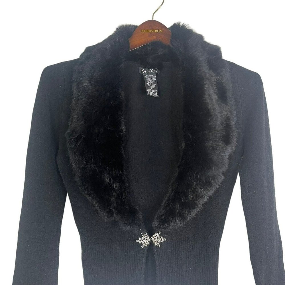 VTG Women Black 100% Rabbit Fur Cardigan Size S Knit Sweater Jeweled XOXO Real